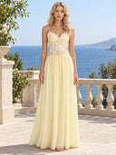 Elegant Yellow Lace Spaghetti Strap Floral Appliqué Maxi Dress