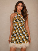 Retro Geometric Print Halter Feather Trim Mini Dress