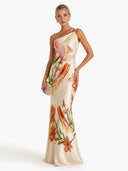 Elegant One-Shoulder Floral Print Satin Maxi Dress