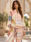 Casual Artistic Print Zip-Up Shirt & Wide-Leg Pants Two-Piece Set