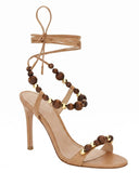 Wood Beaded Ankle-Wrap Stiletto Heeled Sandals