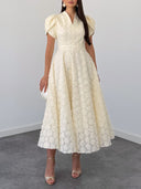 Elegant Floral Textured Puff Sleeve Midi Dress