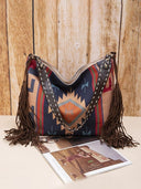 Retro Bohemian Woven Fringe Linen Shoulder Tote Bag