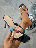 Square-Toe Gemstone T-Strap Stiletto Heeled Sandals