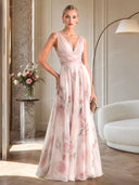 Elegant V-Neck Floral Print Tulle Maxi Dress