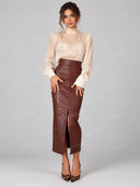 Sheer High Neck Blouse &Crocodile Embossed Midi Skirt Set