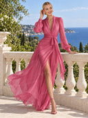 Elegant Pearl-Embellished Chiffon V-Neck Tie-Waist Maxi Dress