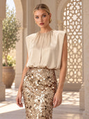Elegant Sleeveless Blouse & Sequin Midi Skirt Two-Piece Set