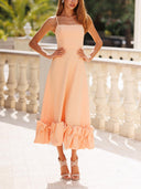 Elegant Spaghetti Strap Bubble Hem Midi Dress