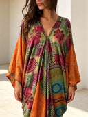 Retro Bohemian Floral Print V-Neck Kaftan Maxi Dress