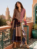 Retro Patchwork Print Shirt & Midi Skirt Two-Piece Set