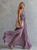 Elegant Ruched Halter Neck Flowing Maxi Dress