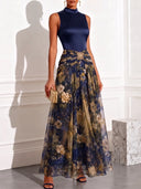 Elegant High Neck Satin Floral Chiffon Maxi Dress