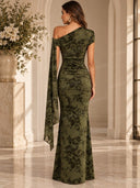 Floral Jacquard Velvet One Shoulder Ruched Maxi Dress