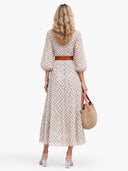 Unique Pattern Print V-Neck Simple Belt Midi Dress