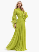 Elegant Pleated Flowy Long-Sleived Maxi Dress