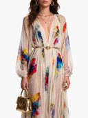 Deep V-Neck Puff Sleeve Printed Maxi Dress
