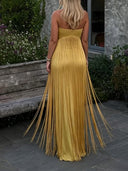 Elegant Strapless Ruched Fringe Maxi Dress