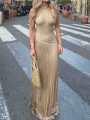 Elegant Backless Knitted Tassel Maxi Dress