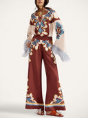 Retro Print Satin Feather Trim Top & Wide-Leg Pants Two-Piece Set