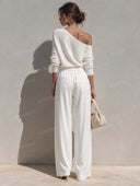 Off Shoulder Knit Top & Wide Leg Pants Set