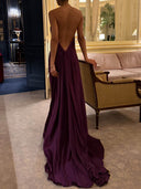 Elegant Halter-neck Draped Satin Train Maxi Dress