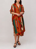 Retro Equestrian Print Shirt Midi Dress