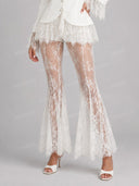 Elegant Lace Trim Blazer Top & Flared Lace Pants Two-Piece Set