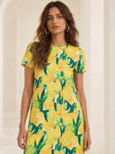 Lemon Blossom Print Feather Hem Midi Dress