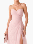 Elegant Pink Strapless Pleated Tulle Maxi Dress