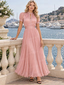 Elegant Lace Trim Pleated Chiffon Maxi Dress