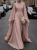 Elegant Pleated High-Neck Cape Sleeve Chiffon Maxi Dress