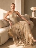 Elegant Backless Knitted Tassel Maxi Dress
