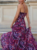 Elegant Abstract Print Ruched Spaghetti Strap Maxi Dress