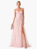 Elegant Pink Strapless Pleated Tulle Maxi Dress