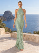 Elegant Sequined Halter Neck Maxi Dress