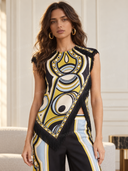 Retro Geometric Print Tassel Trim Asymmetric Top & Pants Two-Piece Set