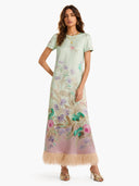 Pastel Floral Print Feather Trim Maxi Dress