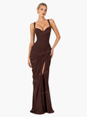 Ruched Spaghetti Strap Slit Maxi Dress