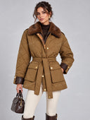 Quilted Faux Fur Collar Belted Jacket