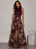 Elegant High Neck Satin Floral Chiffon Maxi Dress