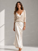 Elegant Knit V-Neck Sweater & Satin Slip Dress Two-Piece Set