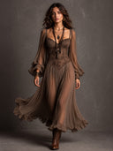 Sexy Lace Spaghetti Strap Sheer Chiffon Ruffle Maxi Dress