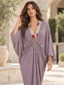 Casual V-Neck Twist Waist Batwing Sleeve Kaftan Maxi Dress