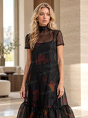 Casual Tie-Neck Multi-Layer Printed Maxi Dress
