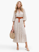 Unique Pattern Print V-Neck Simple Belt Midi Dress