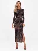 Charm Lady Mesh Overlay Tie Dye Print Long Sleeve Ruched Stretch Midi Dress