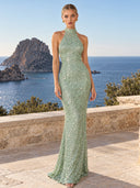 Elegant Sequined Halter Neck Maxi Dress