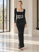 Elegant Black And White Trim Square Neck Long Sleeve Tight Maxi Dress