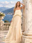 Elegant Strapless Pleated Ruffled Chiffon Maxi Dress